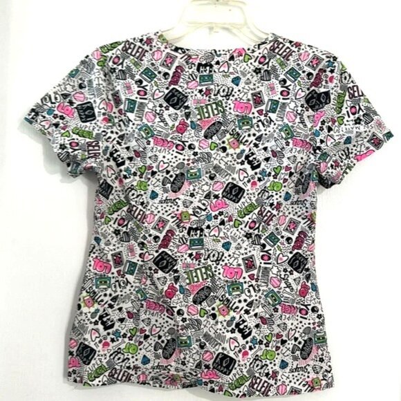 Koi Lite Womens Scrub Top S White Pink Fun Print Short Sleeves Zipper Pockets - Picture 6 of 8